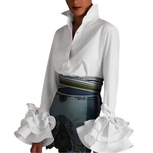 Elegant Layered Ruffle Sleeve Button Up Turn Down Collar Blouse